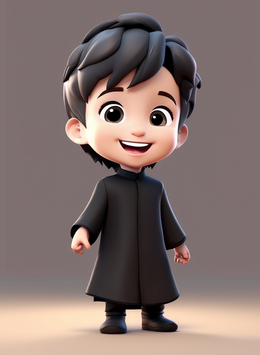 3d cartoon,  a cute chibi loli boy smiling in an 8K resolution. large black cassock