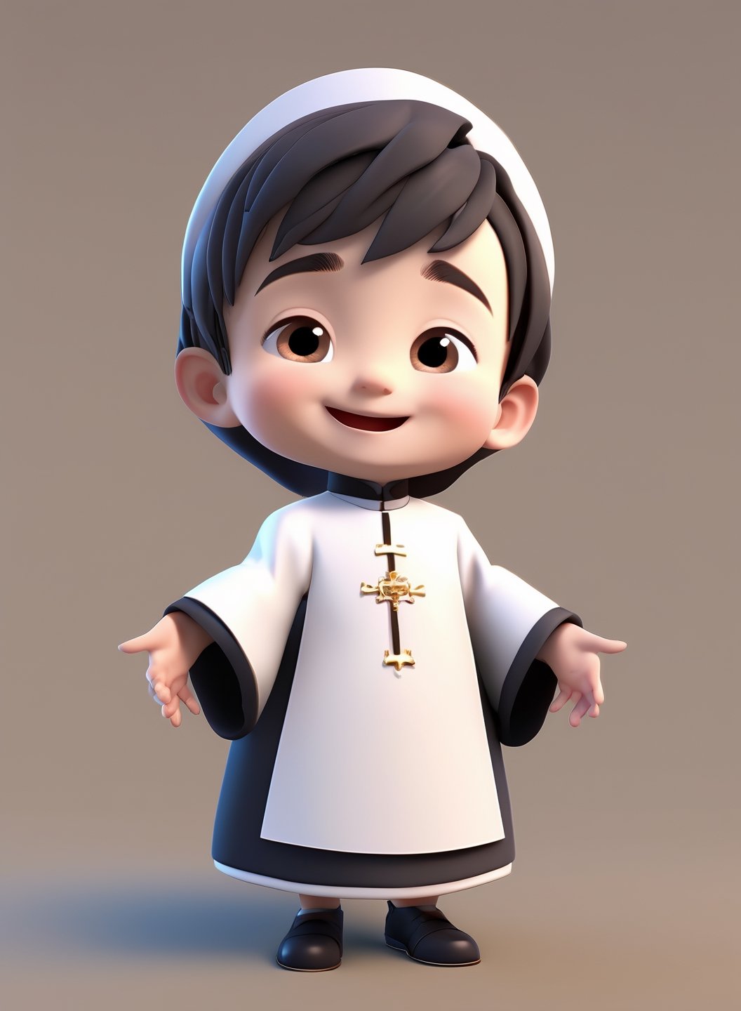 3d cartoon,  a cute chibi loli boy smiling in an 8K resolution. large cassock