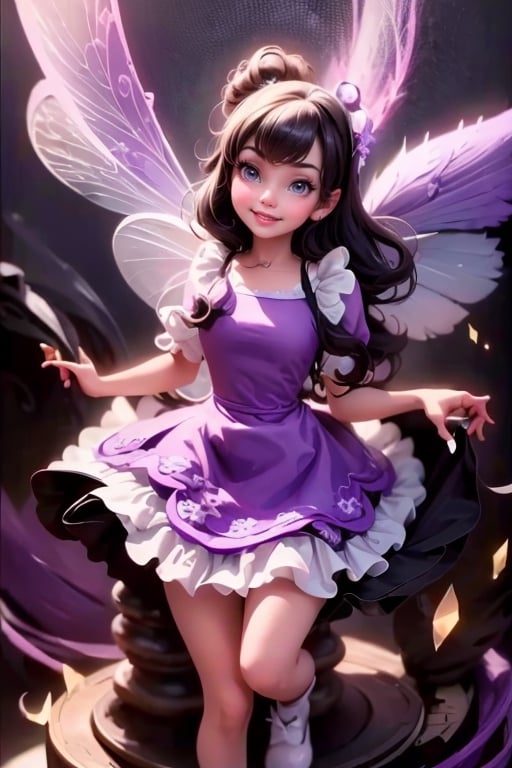 masterpiece, best quality, (TinkerWaifu:1) smiling, black hair, purple dress, white tights, purple (lolita pumps), magic garden at night, sparks floating,TinkerWaifu