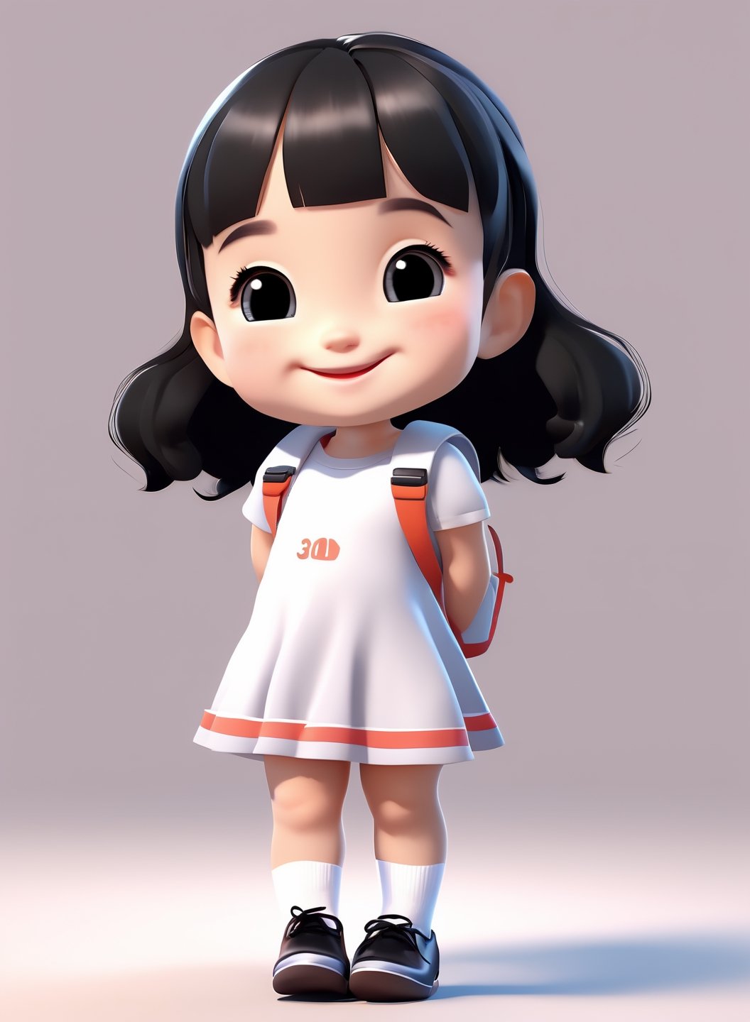 3d cartoon,  a cute chibi loli girl smiling in an 8K resolution. black hair,  toddlers dress,  (((white))) socks,  black pumps,  backpack,