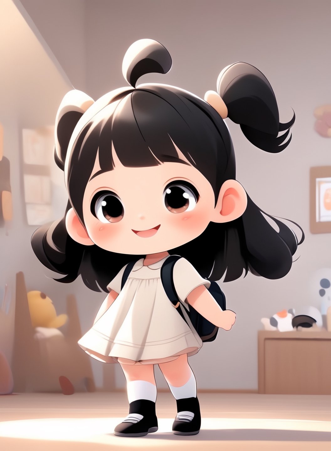a cute chibi loli girl smiling in an 8K resolution. black hair,  toddlers dress,  white socks,  black pumps,  backpack, hands up,