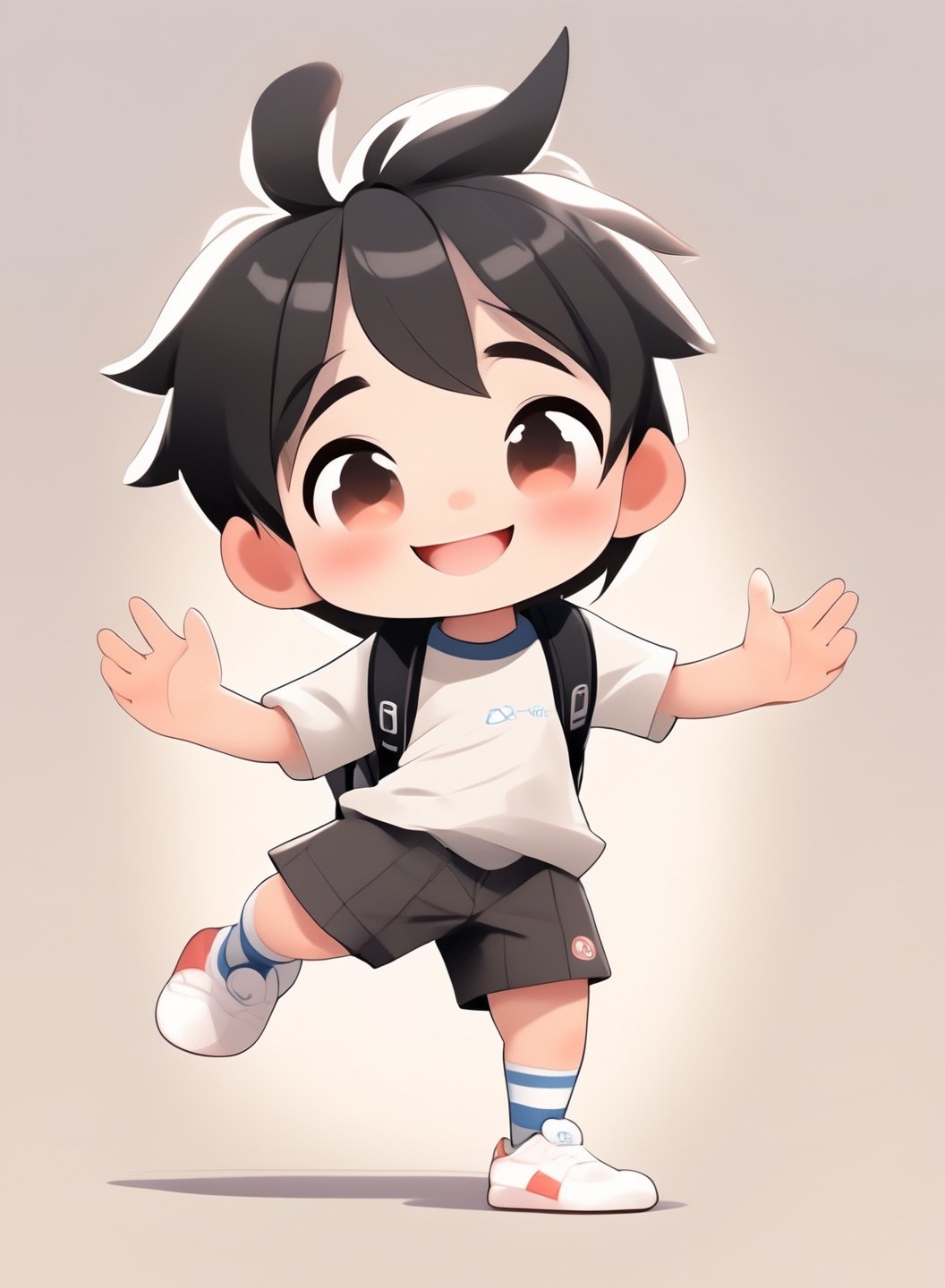 a cute chibi loli boy smiling in an 8K resolution. black hair,  short_pants,  white socks,  white sneakers,  backpack, hands up,