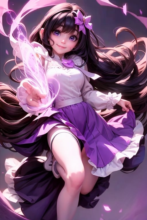 masterpiece, best quality, (TinkerWaifu:1) smiling, black hair, purple dress, white tights, purple pumps, magic garden at night, sparks floating