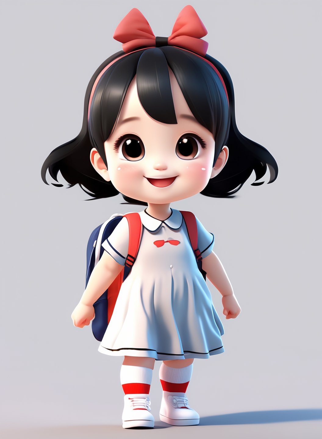 3d cartoon,  a cute chibi loli girl smiling in an 8K resolution. black hair,  toddlers dress,  (((white))) socks,  black pumps,  backpack,