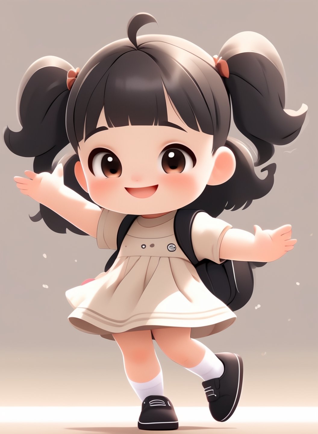 a cute chibi loli girl smiling in an 8K resolution. black hair,  toddlers dress,  white socks,  black pumps,  backpack, hands up,