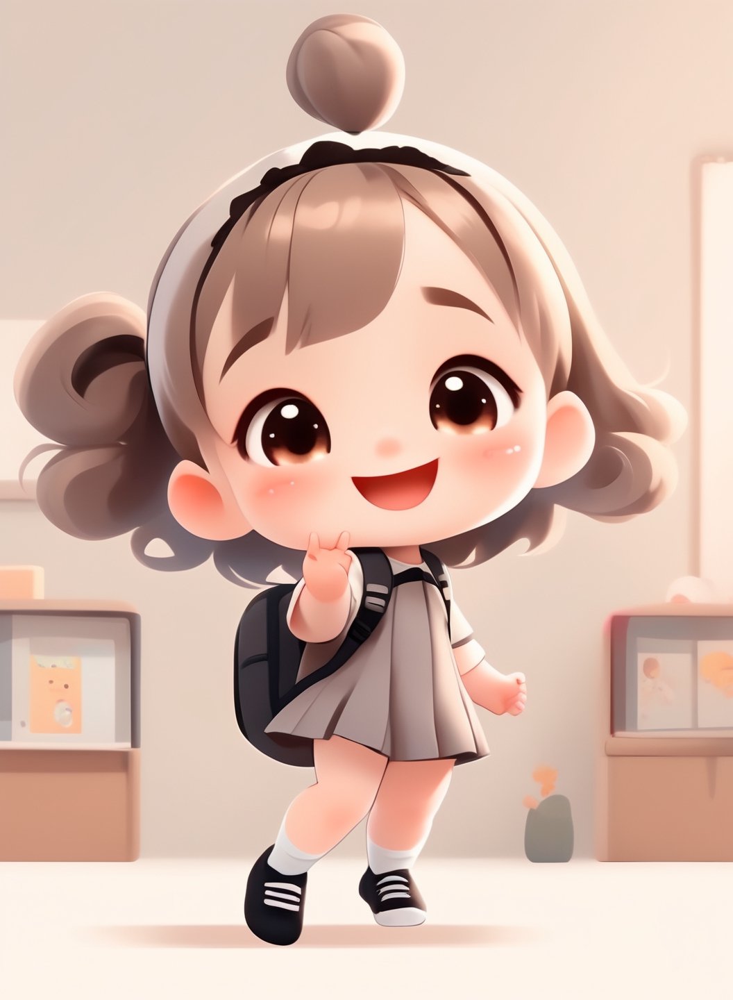 a cute chibi loli girl smiling in an 8K resolution, toddlers dress,  white socks, black pumps, backpack, hands up,