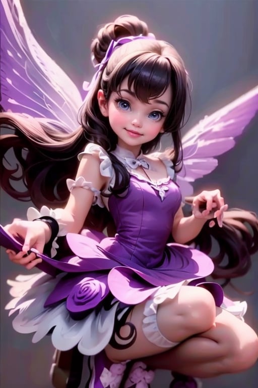 masterpiece, best quality, (TinkerWaifu:1) smiling, black hair, purple dress, white tights, purple (lolita pumps), magic garden at night, sparks floating,TinkerWaifu