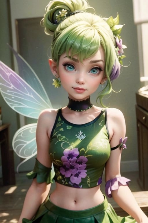 masterpiece, best quality, a fairy smiling, green hair, purple eyes, green smokey eyes makeup, hair floral ornaments, flower earrings, green choke, leaf crop shirt, leaf skirt,TinkerWaifu