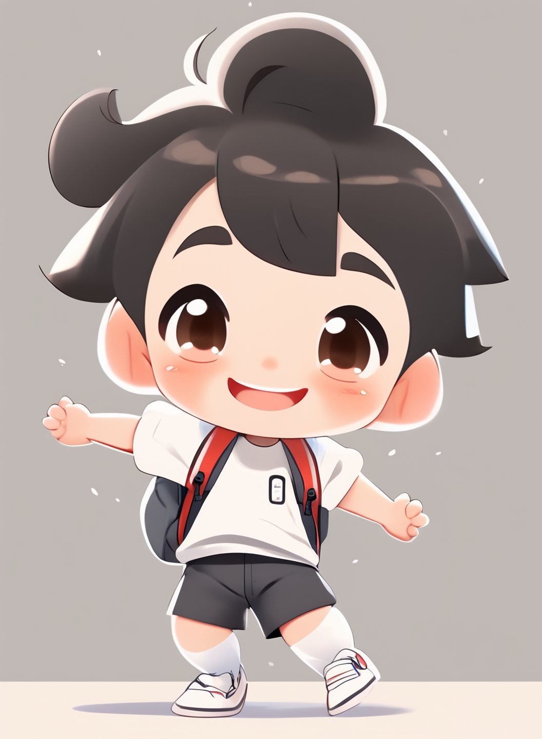 a cute chibi loli boy smiling in an 8K resolution. black hair,  short_pants,  white socks,  white sneakers,  backpack, hands up,