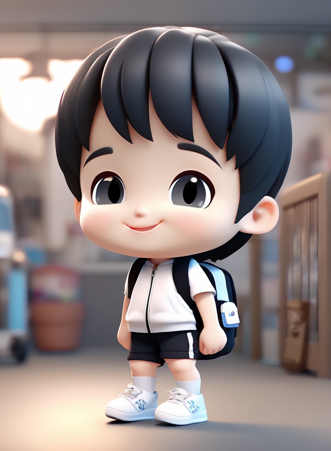 3d cartoon,  a cute chibi loli boy smiling in an 8K resolution. black hair,  short_pants,  (((white))) socks,  white sneakers,  backpack,  walking