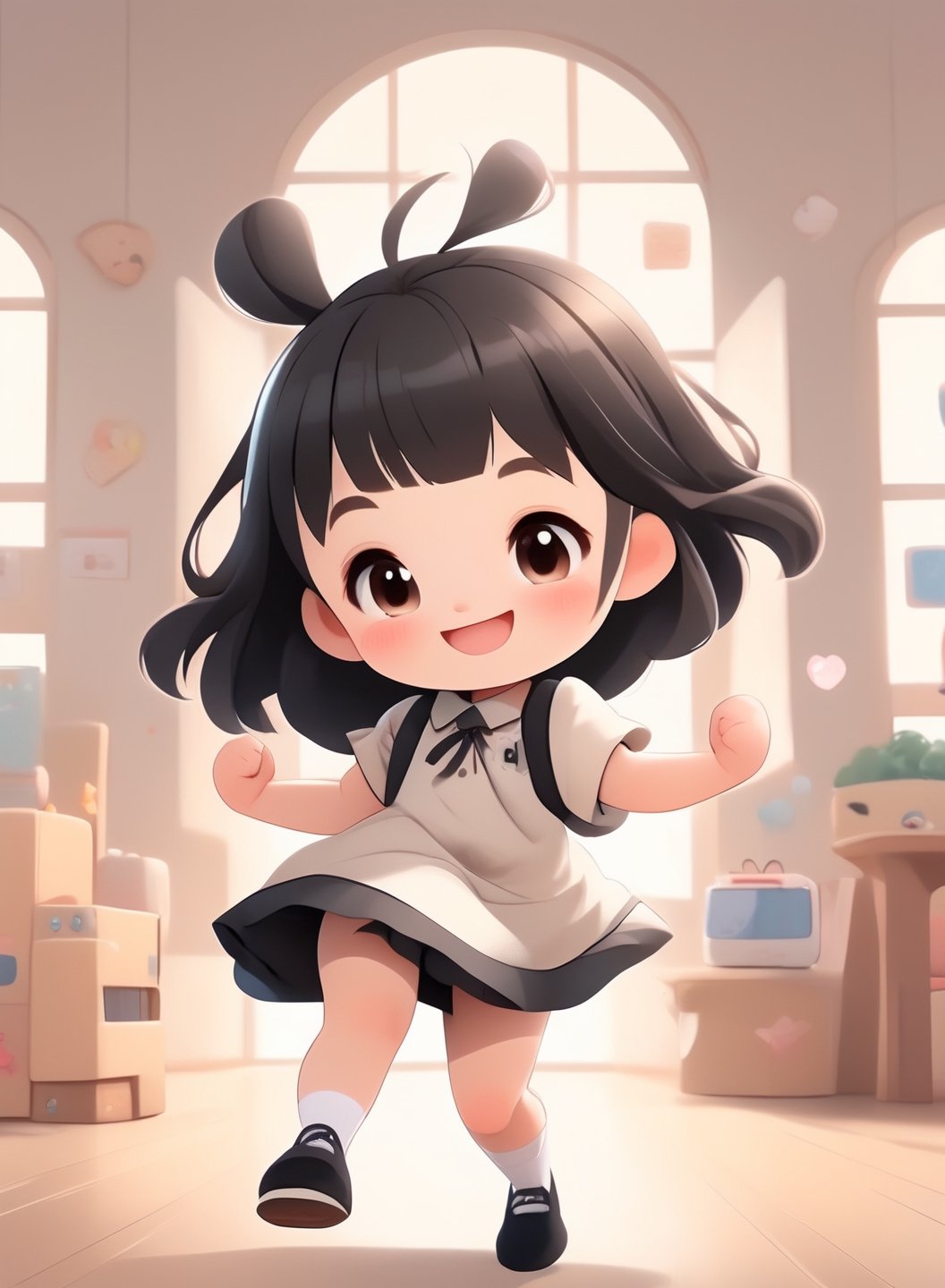 a cute chibi loli girl smiling in an 8K resolution. black hair,  toddlers dress,  white socks,  black pumps,  backpack, hands up,