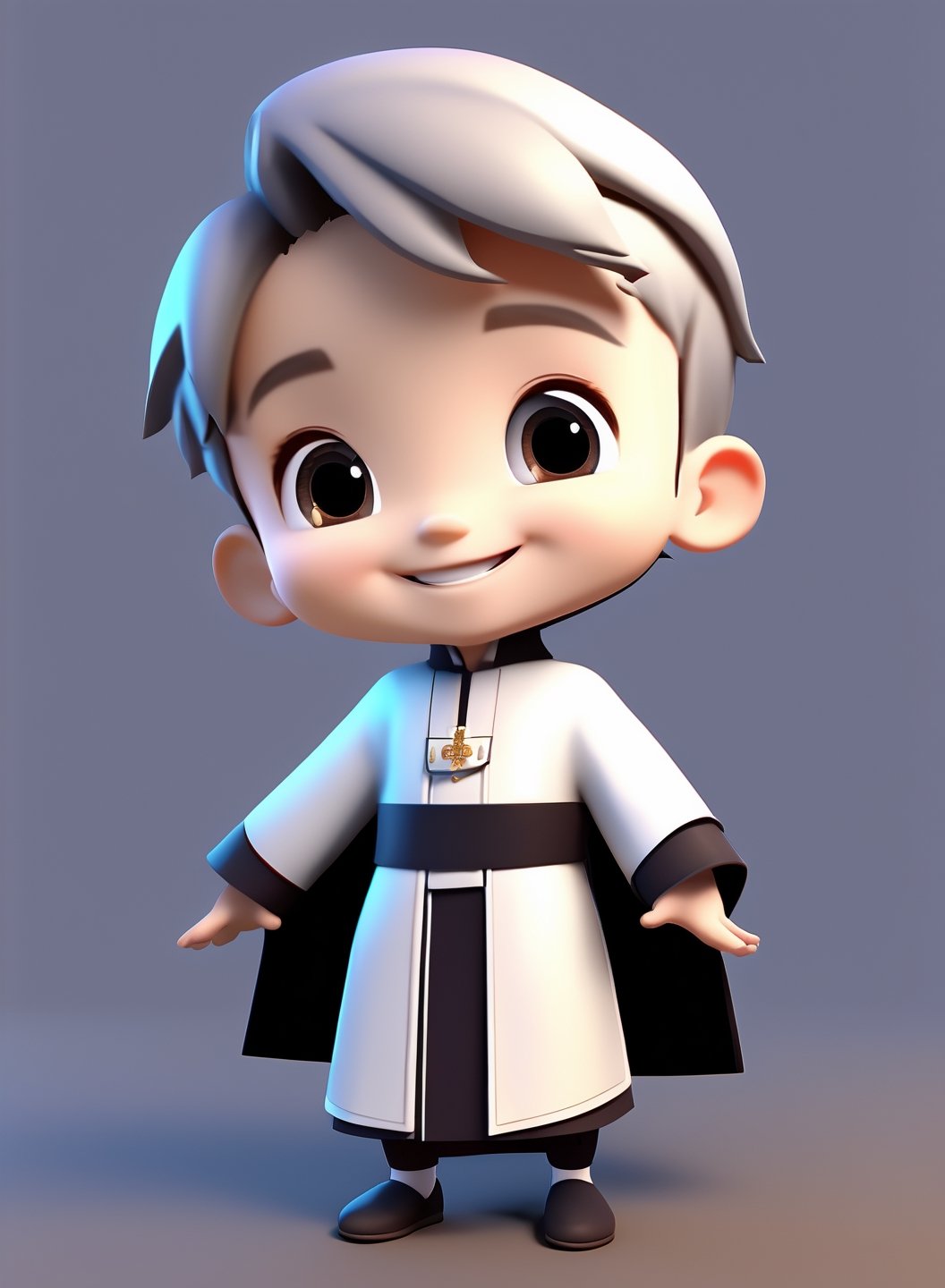 3d cartoon,  a cute chibi loli boy smiling in an 8K resolution. large cassock