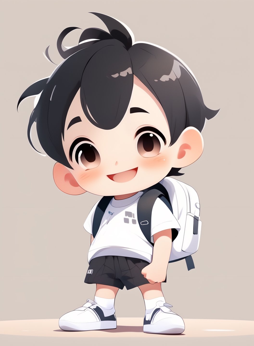 a cute chibi loli boy smiling in an 8K resolution. black hair,  short_pants,  white socks,  white sneakers,  backpack,