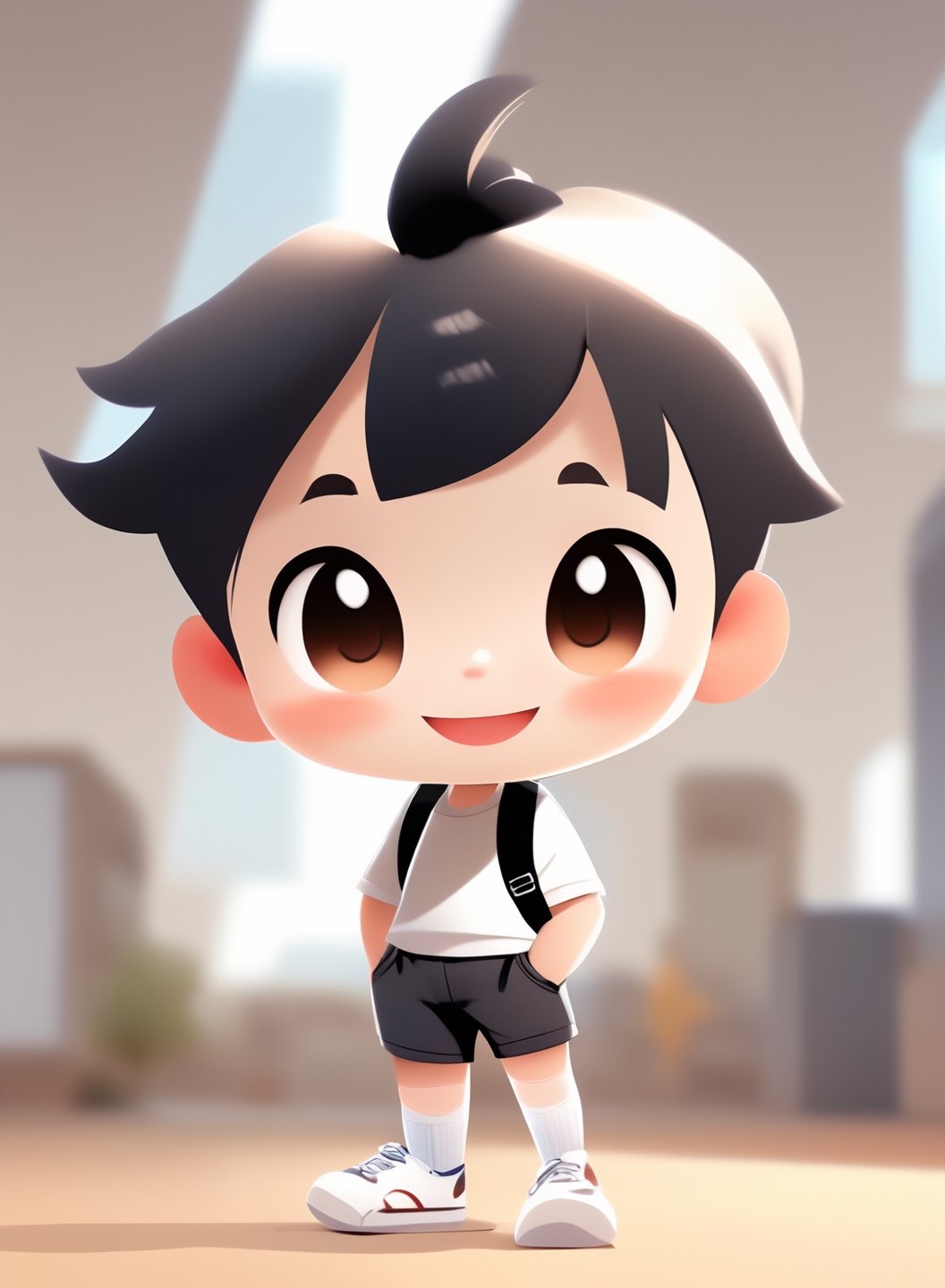a cute chibi loli boy smiling in an 8K resolution. black hair,  short_pants,  white socks,  white sneakers,  backpack,