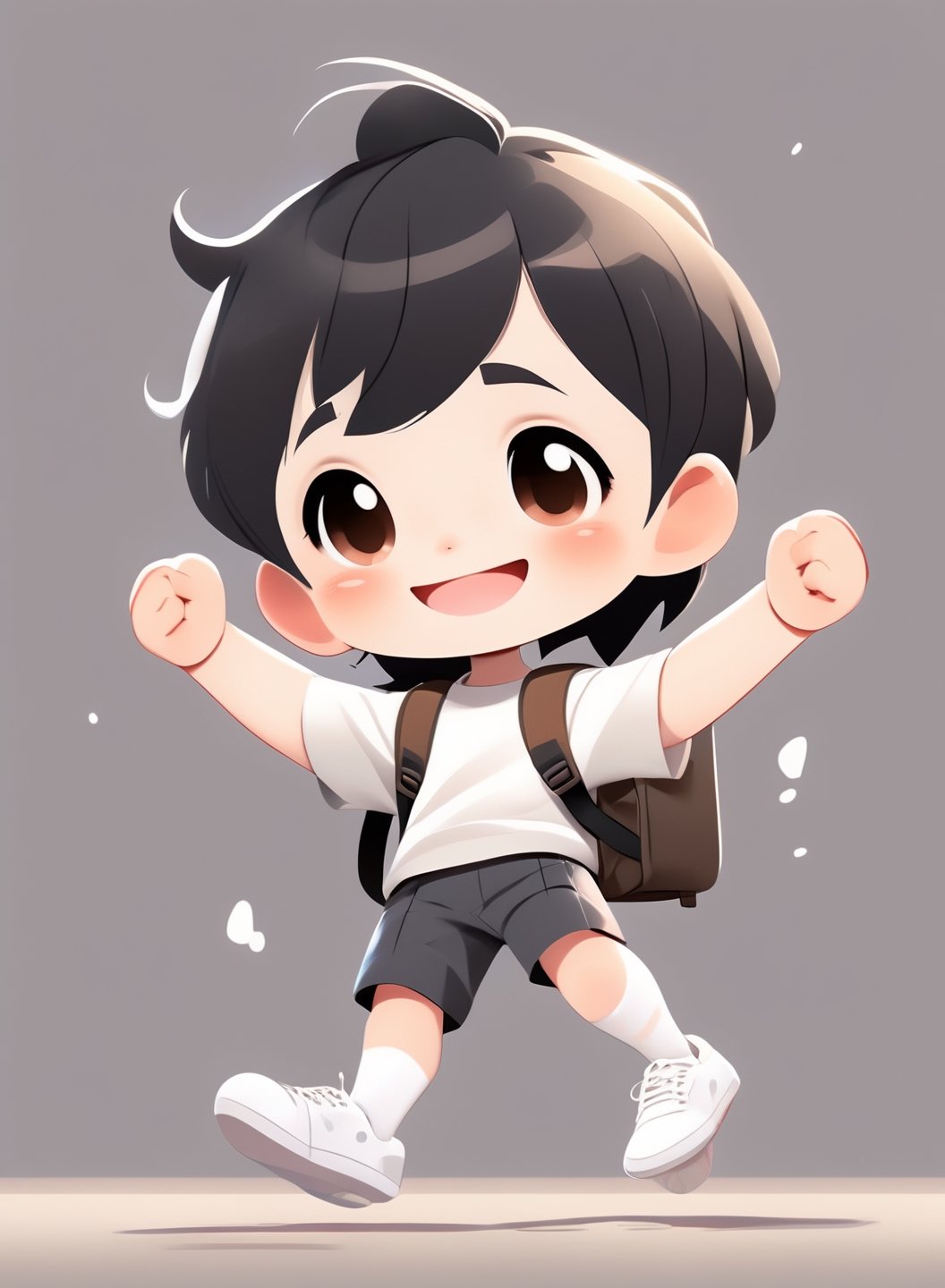 a cute chibi loli boy smiling in an 8K resolution. black hair,  short_pants,  white socks,  white sneakers,  backpack, hands up,