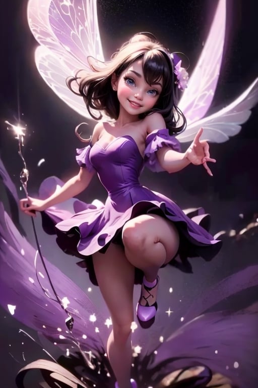 masterpiece, best quality, (TinkerWaifu:1) smiling, black hair, purple dress, white tights, purple pumps, magic garden at night, sparks floating