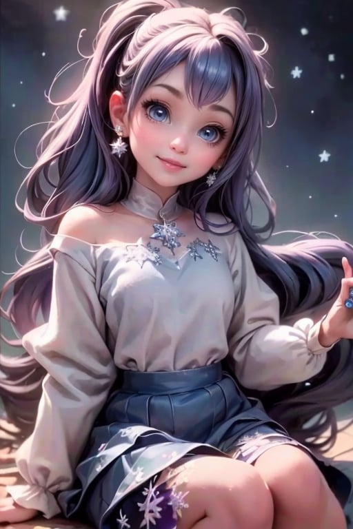 masterpiece, best quality, a fairy smiling, blue hair, (purple) eyes, blue smokey eyes makeup, hair crystal ornaments, snowflake earrings, blue choke, blue petal crop shirt, blue leaf skirt, slouching on a frozen flower, (night sky), magical garden at night, falling snow, magical blue sparks floating around, TinkerWaifu