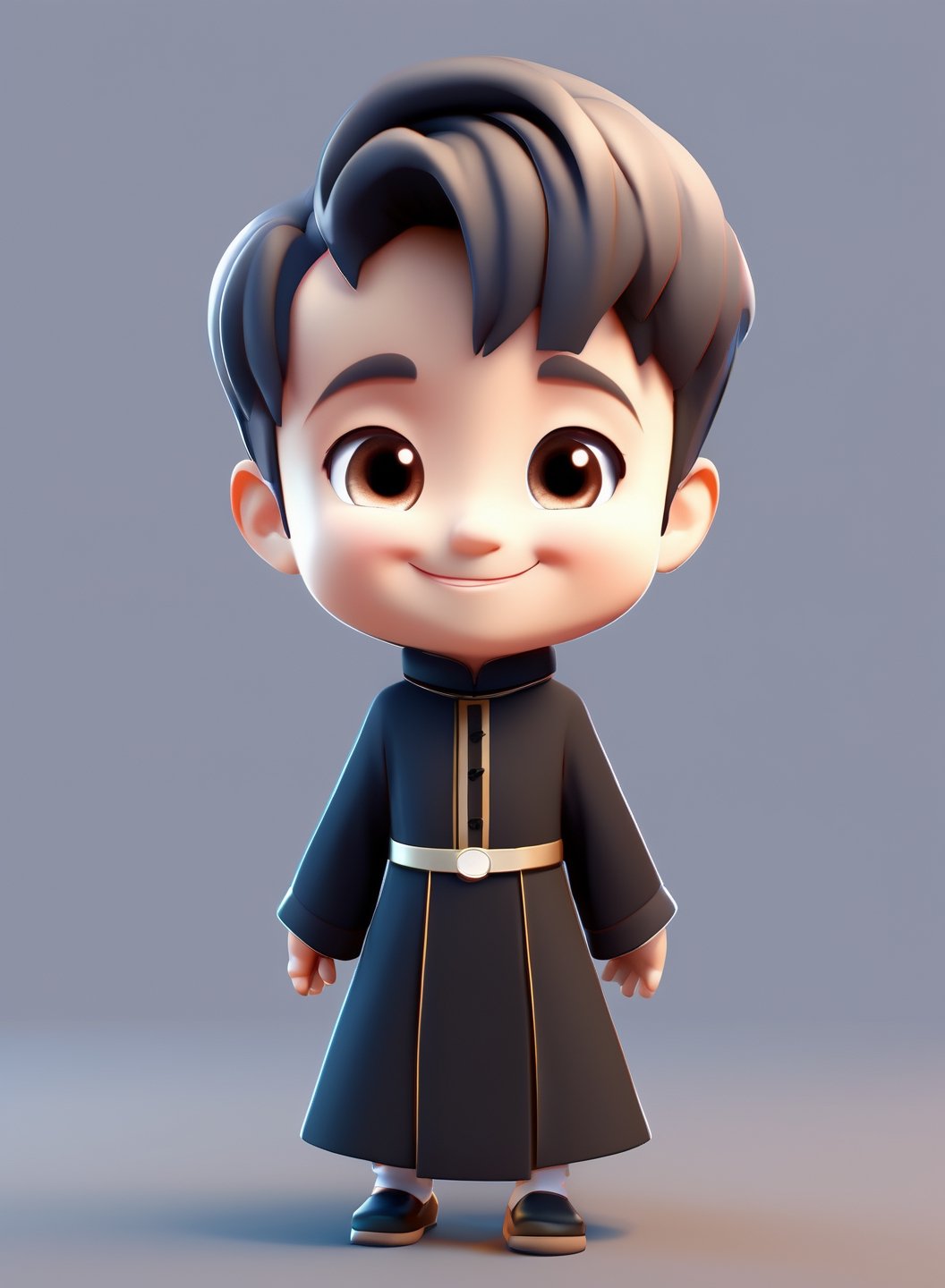 3d cartoon,  a cute chibi loli boy smiling in an 8K resolution. large cassock