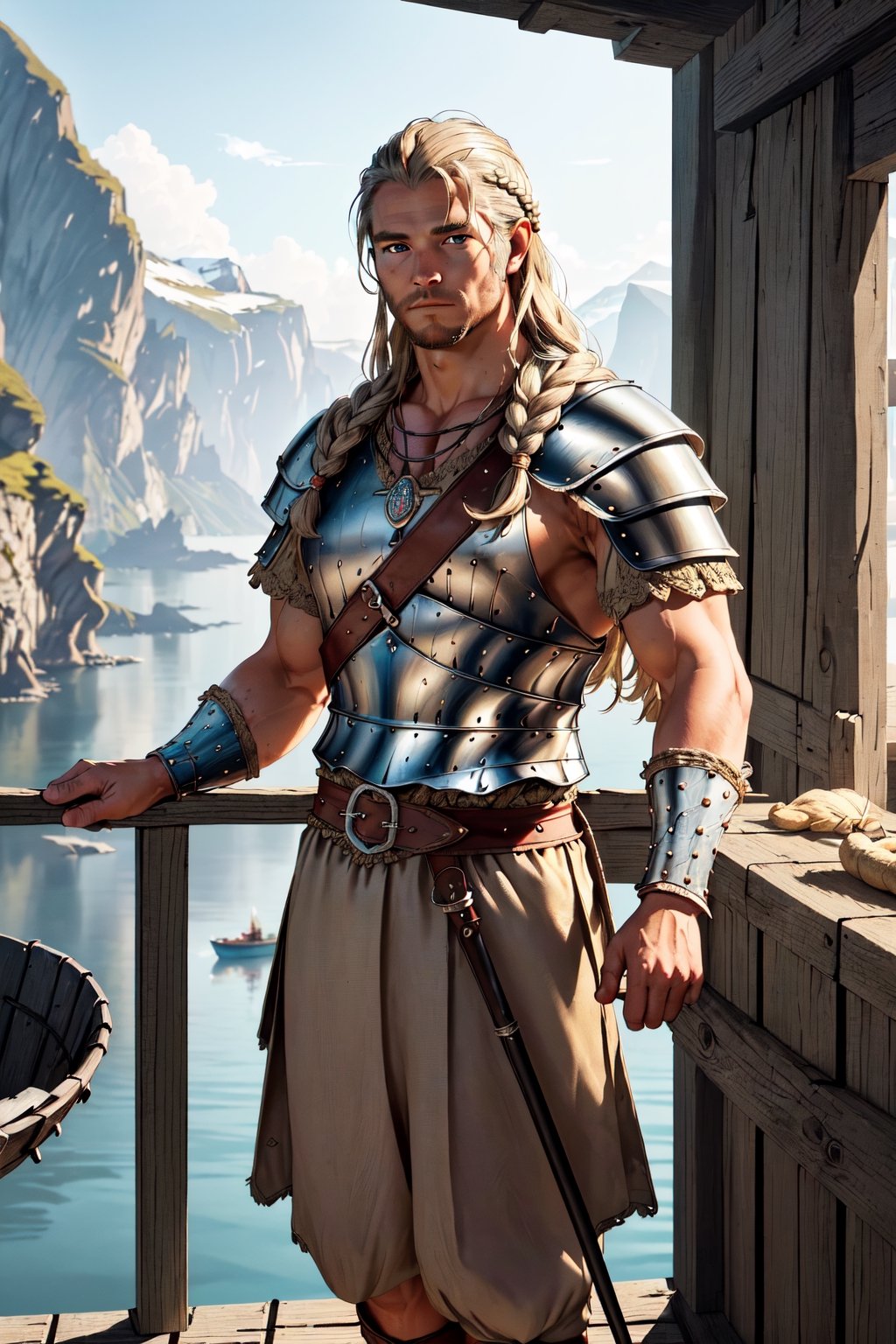 ((masterpiece, extremely detailed, realistic, best quality, highres, high resolution:1.2))

The Viking warrior stands in the picturesque setting of a Viking settlement on the fjord, enveloped in the warm light of the setting sun. His lightweight armor shimmers with a soft glow as the fjord lies calmly before him.

The last rays of sun cast a golden glow on the surrounding huts and boats stretching along the fjord. The air is filled with salty sea breezes and the distant sound of seagulls.

The Viking carries an ax on his belt, ready for any challenge. His gaze is calm and penetrating as he surveys the horizon. The lightweight armor, consisting of braided leather and metal plates, allows him unrestricted freedom of movement.

The settlement around him comes to life, with people doing their daily chores and preparing dinner. The crackling of campfires fills the air as smoke slowly rises into the sky.

The Viking, in his proud demeanor, embodies the strength and determination of his people. The scene at the harbor conveys a feeling of peace and at the same time the invincible aura of a warrior ready to withstand the challenges of Nordic life.


