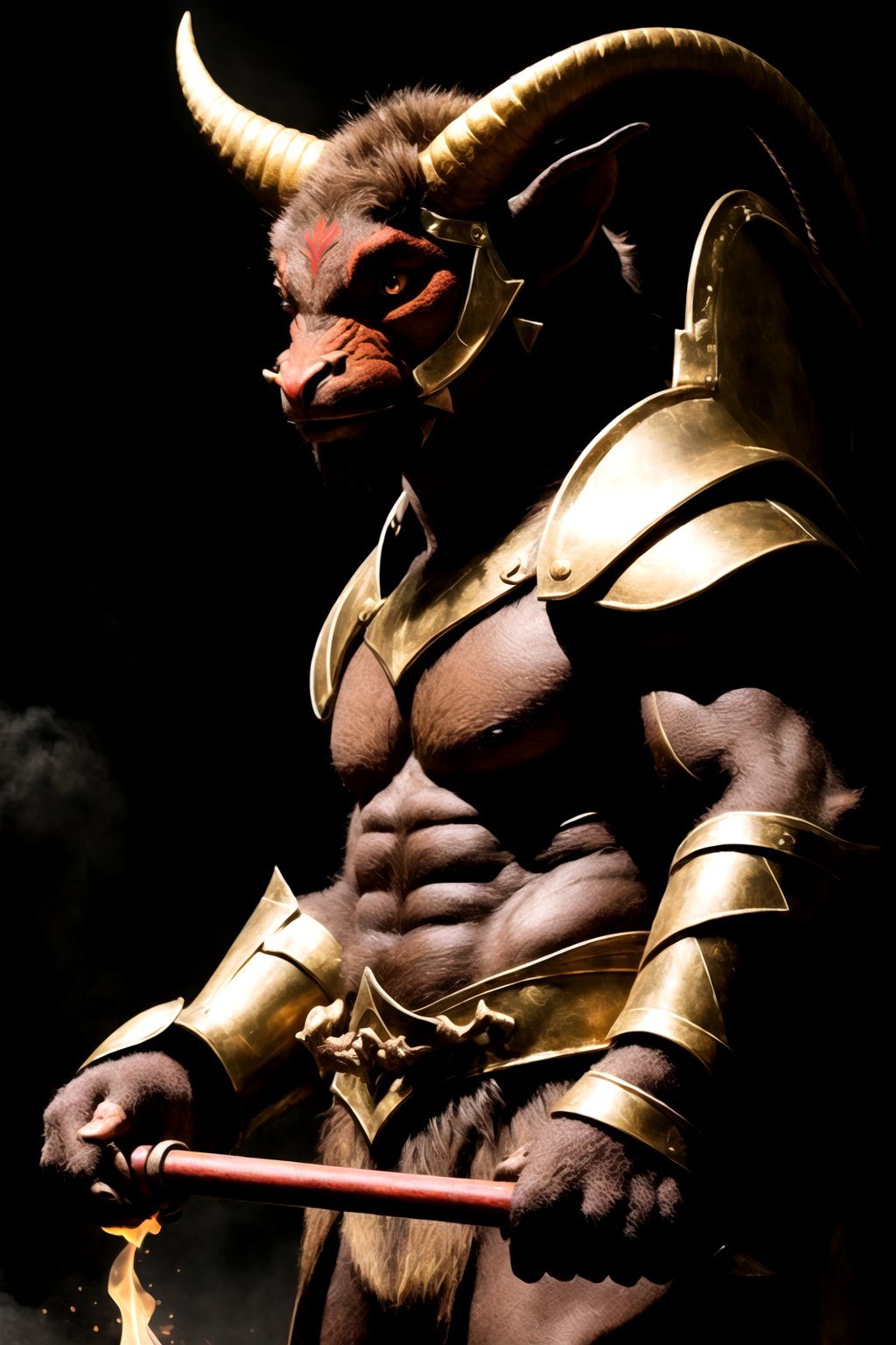 a giant minutaur stands in front of a labyrinth, bull head, He has fiery red eyes, two huge horns on his head, holds a weapon in his large hairy hands, nose ring, panting, labyrinth in the background shrouded in fog, Minutaur stands and faces the viewer. side view, looking at viewer, red eyes, golden red armor

maximum image texture, best quality UHD 16k, Anime 1.5, best quality, masterpiece, ultra-detailed, very high definition, extremely delicate and beautiful, high resolution, hyperealistic shadows, masterpiece, more contrast, high_resolution, best faces, max pixel, perfect finger, perfect hands,dragonborn