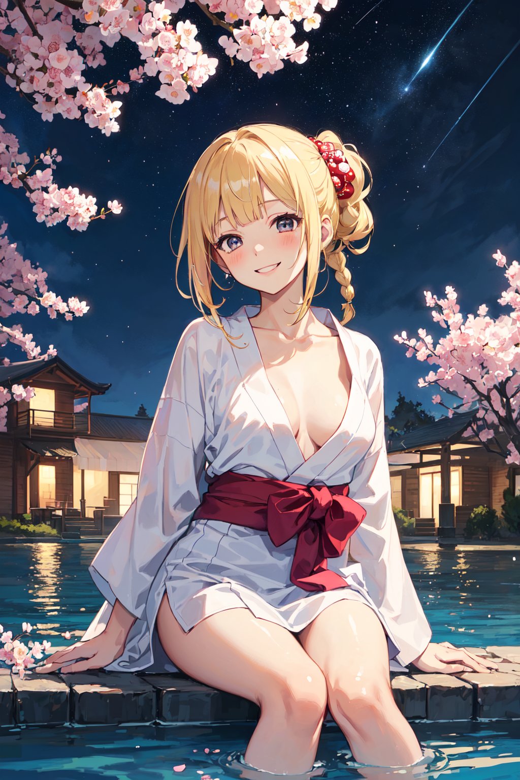 ((hyper super ultra detailed perfect piece)),illustration,masterpiece,(((1girl))),((blonde hair)),medium ,(hairbraid),blunt bangs,hair scrunchie,black eyes,(sparkling),(medium breasts),(layer clothing), (yukata, red, white, v neck shirt), (loose cloth), lewd eyes, blushing, universe background,((night sky)), (many sparkling stars), lighting from behind, windy, smiling at viewer, sitting from a far, (sitting, under cherry bloom tree), (pink cheery bloom, floating on water), leaning_forward