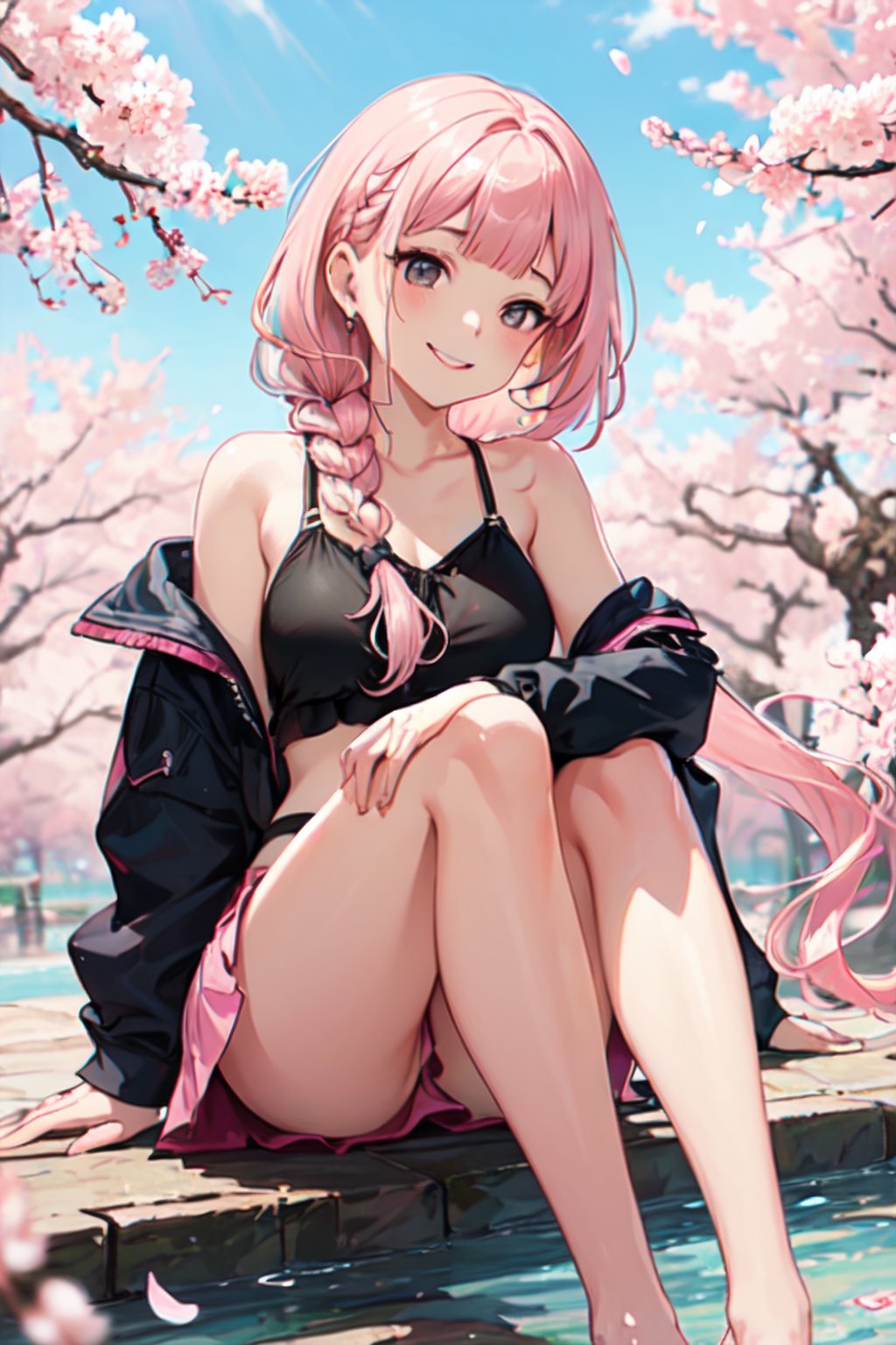 ((hyper super ultra detailed perfect piece)),illustration,masterpiece,(((1girl))),((pink hair)),medium ,(hairbraid),blunt bangs,hair scrunchie,black eyes,(sparkling), medium breasts, (tankini, with mini skirt, loose blouse), smile, portrait, sitting from a far, behind arms, spring, April, windy, cherry blossom, perfect anatomy