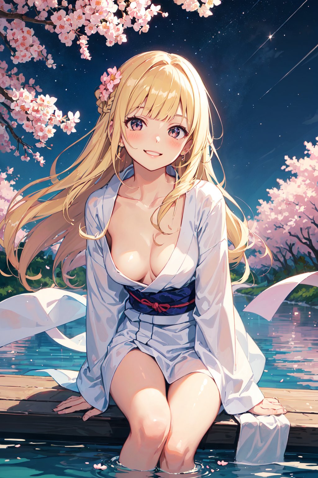 ((hyper super ultra detailed perfect piece)),illustration,masterpiece,(((1girl))),((blonde hair)),medium ,(hairbraid),blunt bangs,hair scrunchie,black eyes,(sparkling),(medium breasts),(layer clothing), (yukata, red, white, v neck shirt), (loose cloth), lewd eyes, blushing, universe background,((night sky)), (many sparkling stars), lighting from behind, windy, smiling at viewer, sitting from a far, (sitting, under cherry bloom tree), (pink cheery bloom, floating on water), leaning_forward