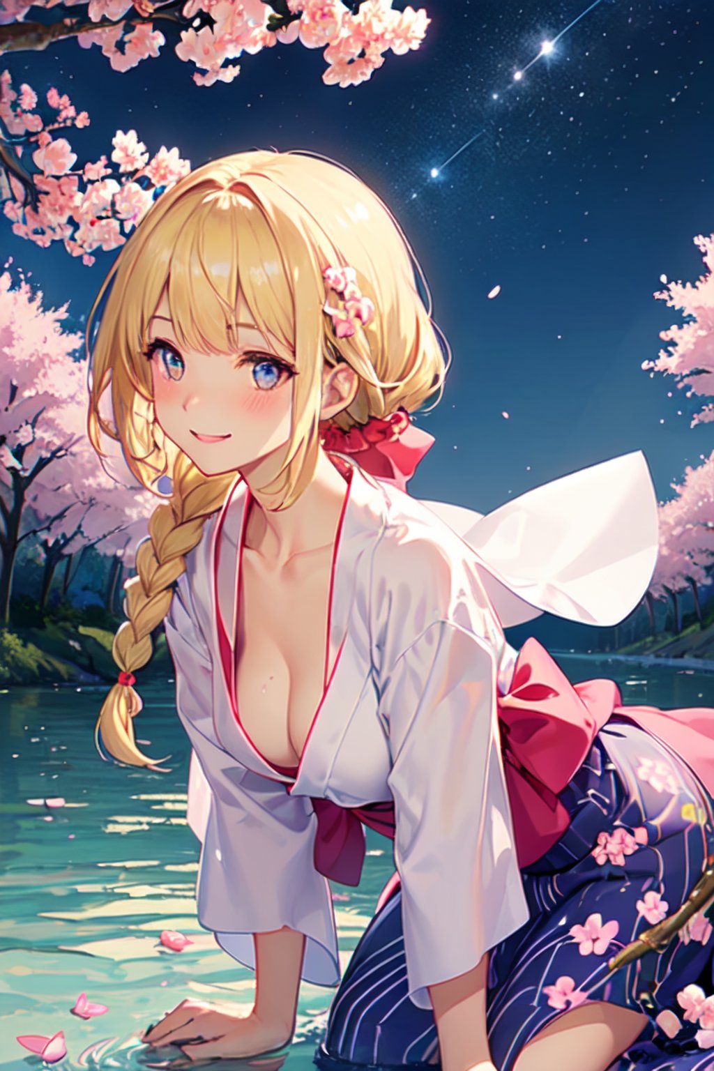 ((detailed hand, detailed finger)), ((hyper super ultra detailed perfect piece)),illustration,masterpiece,(((1girl))),((blonde hair)),medium ,(hairbraid),blunt bangs,hair scrunchie,black eyes,(sparkling),(medium breasts),(layer clothing), (yukata, red, white, v neck shirt), (loose cloth), lewd eyes, blushing, universe background,((night sky)), (many sparkling stars), lighting from behind, windy, smiling at viewer, sitting from a far, (sitting, under cherry bloom tree), (pink cheery bloom, floating on water), leaning_forward