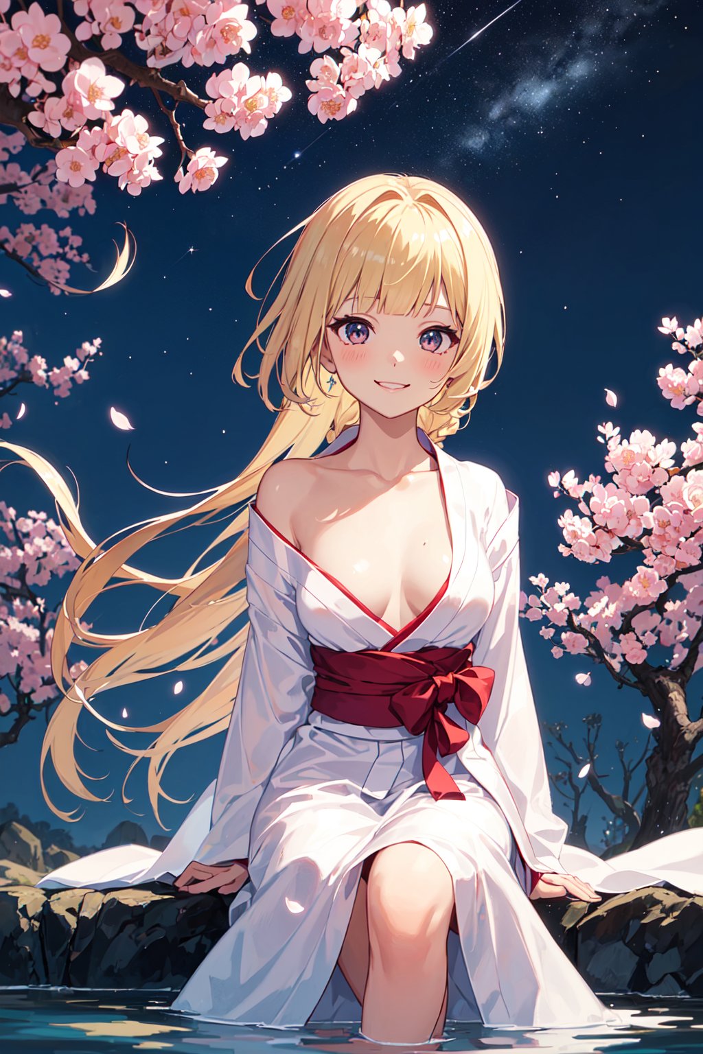 ((hyper super ultra detailed perfect piece)),illustration,masterpiece,(((1girl))),((blonde hair)),medium ,(hairbraid),blunt bangs,hair scrunchie,black eyes,(sparkling),(medium breasts),(layer clothing), (yukata, red, white, v neck shirt), (loose cloth), lewd eyes, blushing, universe background,((night sky)), (many sparkling stars), lighting from behind, windy, smiling at viewer, sitting from a far, (sitting, under cherry bloom tree), (pink cheery bloom, floating on water), leaning_forward