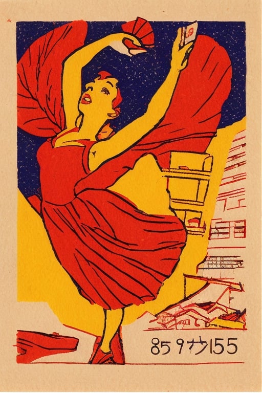 The Ballerina, a detailed Matchbox Label. Red, yellow and dark navy, triadic colors, Toulouse Lautrec core, anime vibes, Vintage Print Graphics, VSML, 1945, 1918