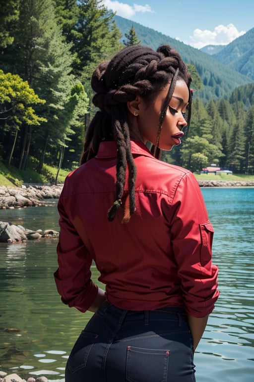 black women, masterpiece, best quality, 1girl, closed eyes, upper body, escaping from forest, abstract, psychedelic, long neat dread locs, (small town with sea ports), (creative:1.3), sy3, SMM, fantasy00d, hands behind back, hyper-realistic anime (black women), view of mountainous forest near sea port