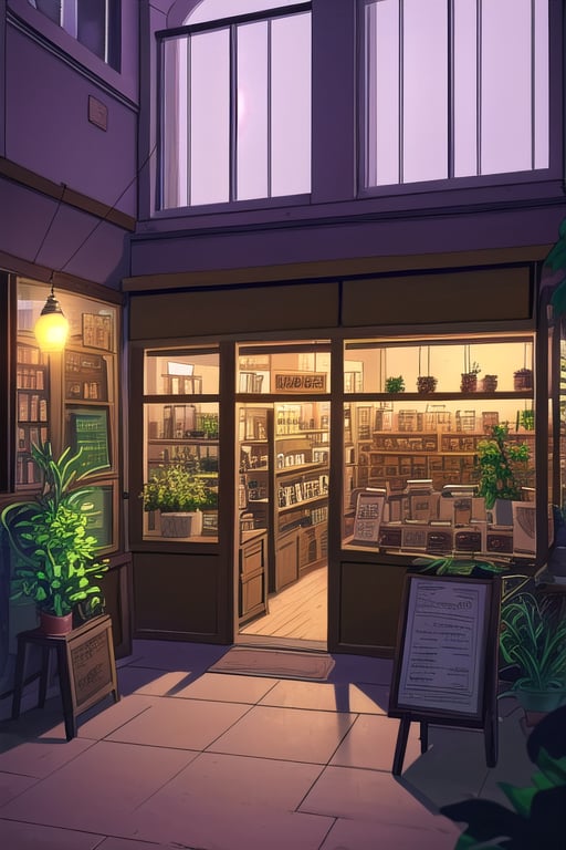 (best quality, masterpiece), soothing tones:1.3) anime,epic composition, professinal work,no humans, Liminalism Art, Native-American age-old vintage herbal shop, outside shop view, with lite incence sticks, hanging plants that customers can see from outside the windows of the shop, store front