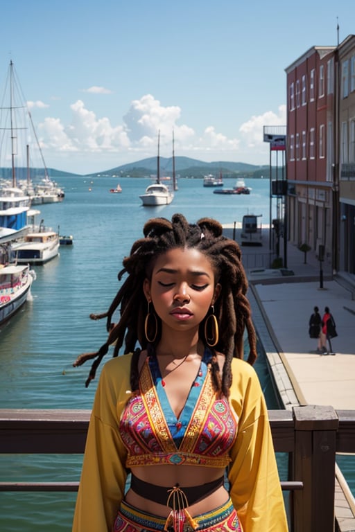 black women, masterpiece, best quality, 1girl, closed eyes, upper body, floating in the ocaen (native american clothing), abstract, psychedelic, long neat dread locs, (small town with sea ports), (creative:1.3), sy3, SMM, fantasy00d, hands behind back, hyper-realistic anime (black women), harbour-town