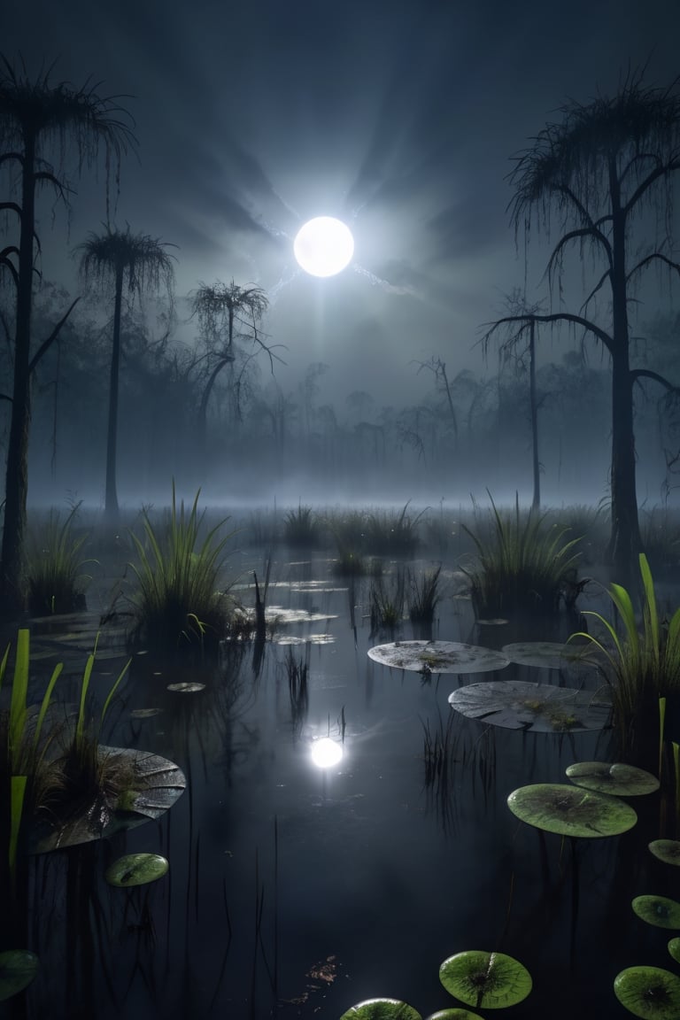 Foggy poisonous swamp at night with solar eclipse in background sky, hyper realism, photo realistic, 8K, dynamic lighting, ray tracing, vray, intricately detailed
