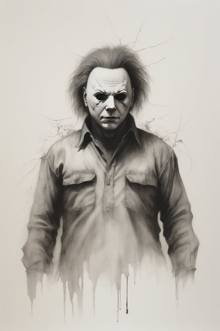 Michael Myers the killer, art by Stephen Gammell, ink pen sketch, ultra detailed, ultra realistic, 8K, photographic, masterpiece