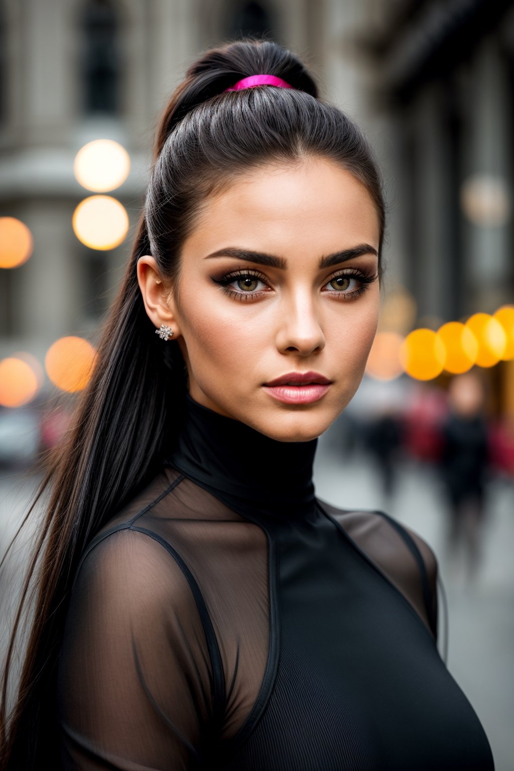 Description:
Generate a stunning and hyper-realistic portrait of the most beautiful woman in the world, featuring cat eyes, European features, and wearing a black bodysuit. Set the scene on a bustling street in London, with bokeh lights twinkling in the background to create an enchanting atmosphere. The woman should have long, jet black hair with neon pink highlights, styled in twin ponytails, and exaggerated eye liner and smokey eyes makeup. Her lips should be full and sensual, complementing her overall allure.

Specific Instructions:

Render the woman with European features and white skin, capturing her exquisite beauty and elegance. Ensure her facial structure is refined and symmetrical, with defined cheekbones, a slender jawline, and high, arched brows.
Emphasize the woman's cat eyes, giving her a distinct feline appearance. The pupils should be elongated, with a clear iris line visible within each eye. The eyes should exude mystery and allure, captivating the viewer's attention.
Style the woman's long, jet black hair in twin ponytails with neon pink highlights, adding a modern twist to her classic elegance. Render each strand with meticulous detail, capturing the texture and movement of her luxurious locks.
Apply exaggerated eye liner and smokey eyes makeup to enhance the woman's mesmerizing gaze, creating depth and intensity that draws the viewer in. Use dark, sultry colors to accentuate the cat-like qualities of her eyes.
Sculpt the woman's lips to be full and sensual, with a natural color that complements her overall look. Enhance the lips with a glossy finish to accentuate their plushness and sensuality.
Dress the woman in a sleek black bodysuit that hugs her curves and accentuates her figure. Ensure the bodysuit is tailored to perfection, with subtle detailing that adds visual interest without detracting from the woman's natural beauty.
Place the woman in a dynamic pose within a bustling street in London, surrounded by the hustle and bustle of city life. Use bokeh lights in the background to create a sense of depth and atmosphere, adding to the enchanting ambiance of the scene.
Illuminate the portrait with soft, diffused lighting that highlights the woman's features and enhances her radiant beauty. Use strategic lighting to create depth and dimension, sculpting her form and adding a sense of realism to the scene.
Additional Guidelines:

Research cat eye anatomy to ensure authenticity and accuracy in depicting the woman's eyes.
Experiment with different artistic techniques and visual effects to achieve the desired level of realism and impact, whether through digital painting, photorealistic rendering, or detailed shading and texturing.
Consider the emotional resonance and narrative potential of the scene, exploring themes of beauty, mystery, and urban sophistication in the vibrant city of London.