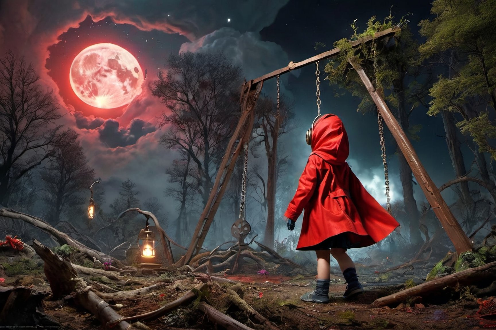 Acid rain, a little girl playing in the swing set wearing a red raincoat and a gas mask, at night, cold and eerie, nuclear mushroom-shaped flammagenitus cloud of debris in the background, in forest, sharp focus, fantasy art, concept art, surrealism, renaissance painting, space, cosmic, hell, dark colorful, thunderstorm, mysterious, entangled, vibrant, rococo, hyperrealism, flemish baroque, glowing neon Alberto Seveso, Igor Morski, Beksinski, Picasso, Broken t, maze Background, Stunning, Something That Even Doesn't Exists"", ultra hd, realistic, vivid colors, highly detailed, UHD drawing, pen and ink, perfect composition, beautiful detailed intricate insanely detailed octane render trending on artstation, 8k artistic photography, photorealistic concept art, soft natural volumetric cinematic perfect light,Movie Still,Film Still,greg rutkowski