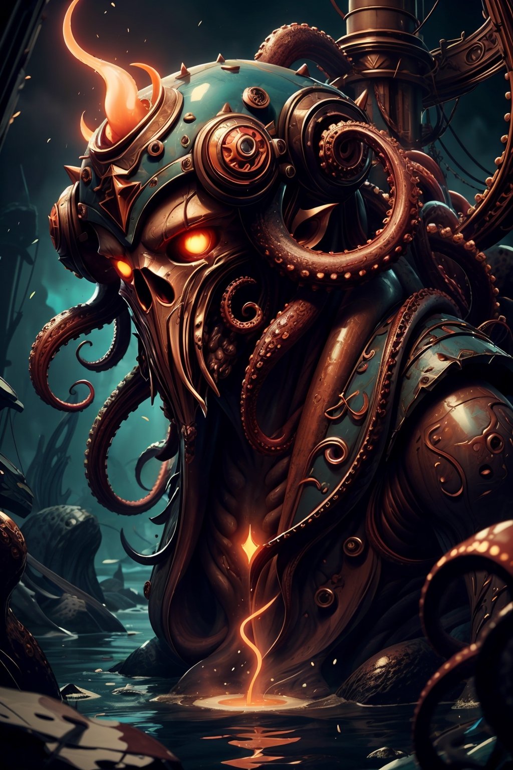 Kraken: A legendary sea monster often described as a colossal octopus or squid. It is known for its destructive power and its habit of dragging ships and sailors beneath the waves, surreal, cinematic effect 8k, hyperdetailed painting, luminism, concept art,fractal isometrics details bioluminescence , 3d render, octane render,intricately detailed,cinematic, trending on artstation Isometric Centered hyperrealistic cover photo awesome full color, gritty, realistic mucha, hit definition,cinematic, ethereal background,HeadpatPOV,demonictech,Circle,fantchar