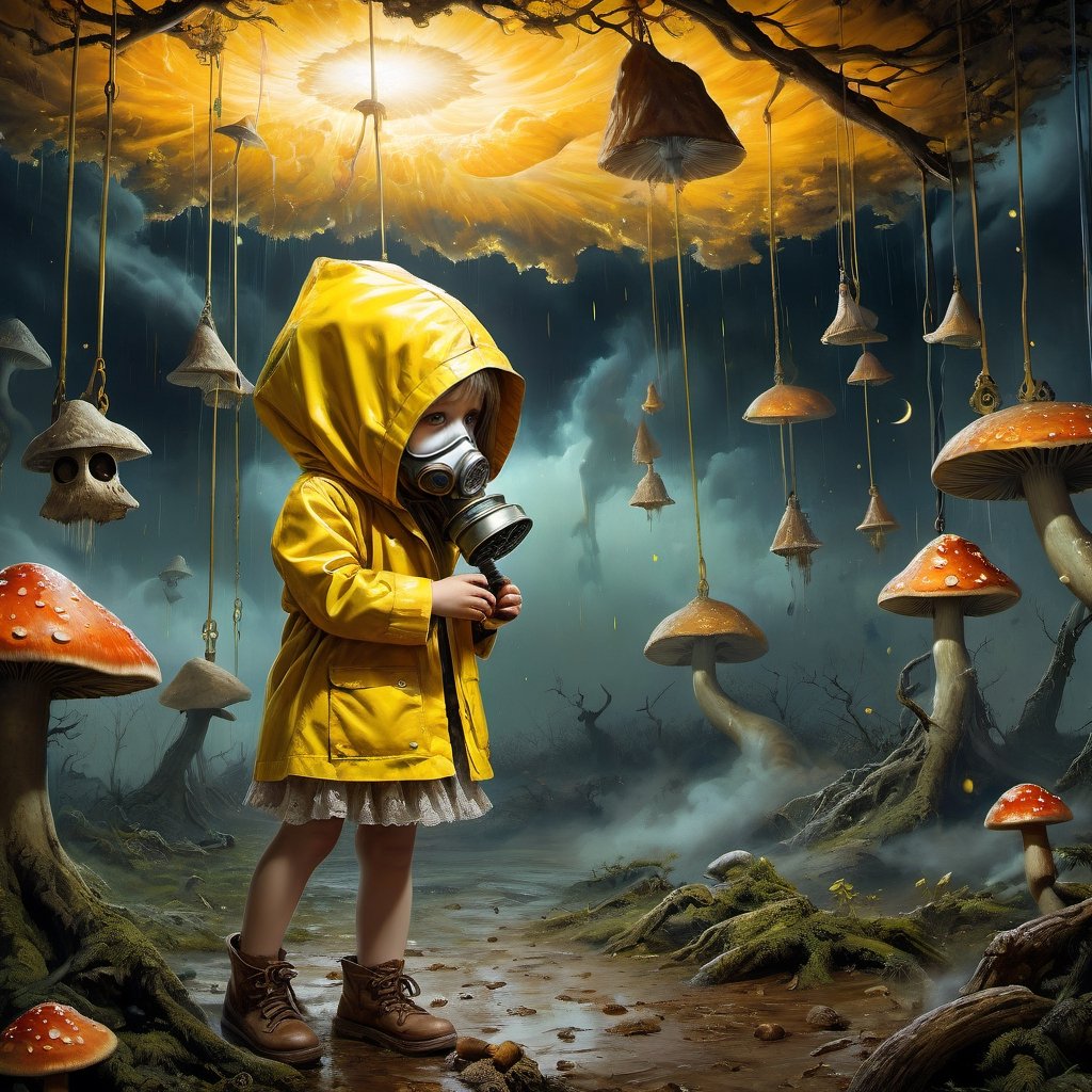  little girl playing in the swings wearing a yellow raincoat and a gas mask, at night, cold and eerie, mushroom cloud in the background, in forest, sharp focus, fantasy art, concept art, surrealism, renaissance painting, space, cosmic, hell, dark colorful, thunderstorm, mysterious, entangled, vibrant, rococo, hyperrealism, flemish baroque, glowing neon Alberto Seveso, Igor Morski, Beksinski, Picasso, Broken t, maze Background, Stunning, Something That Even Doesn't Exists"", ultra hd, realistic, vivid colors, highly detailed, UHD drawing, pen and ink, perfect composition, beautiful detailed intricate insanely detailed octane render trending on artstation, 8k artistic photography, photorealistic concept art, soft natural volumetric cinematic perfect light,Movie Still,Film Still,greg rutkowski