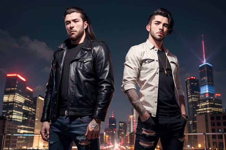 2_men standing posed for music cover/album, beards, rapper style, symetrical face, white_men, long hair, anime_style, manga_book_cover, ripped clothing, (red and black), (blue and black), black_hair_brothers, guns, cityscape