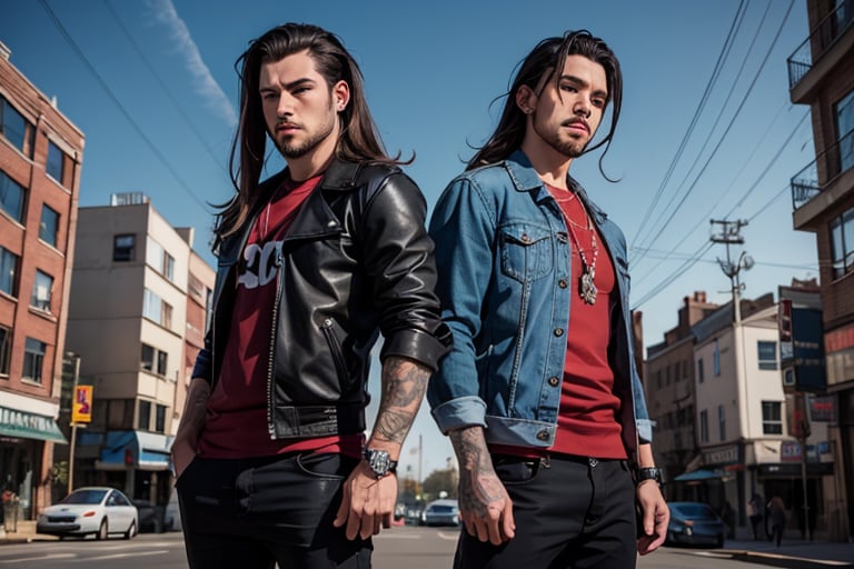 2_men standing posed for music cover/album, beards, rapper style, symetrical face, white_men, long hair, anime_style, manga_book_cover, ripped clothing, (red and black), (blue and black), black_hair_brothers, holding_guns, cityscape