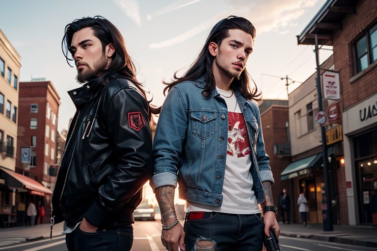 2_men standing posed for music cover/album, beards, rapper style, symetrical face, white_men, long hair, anime_style, manga_book_cover, ripped clothing, (red and black), (blue and black), black_hair_brothers, holding_guns, cityscape