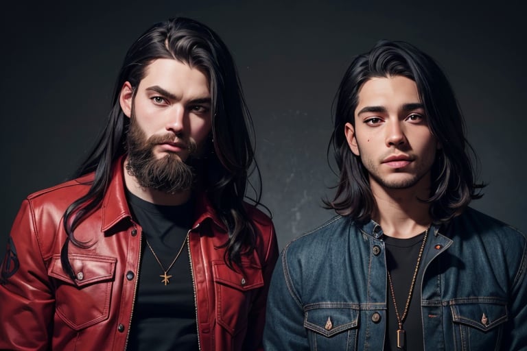 2_men standing posed for music cover/album, beards, rapper style, symetrical face, both white men, long hair, anime_style, manga_book_cover, ripped clothing, (red and black), (blue and black), black_hair_brothers