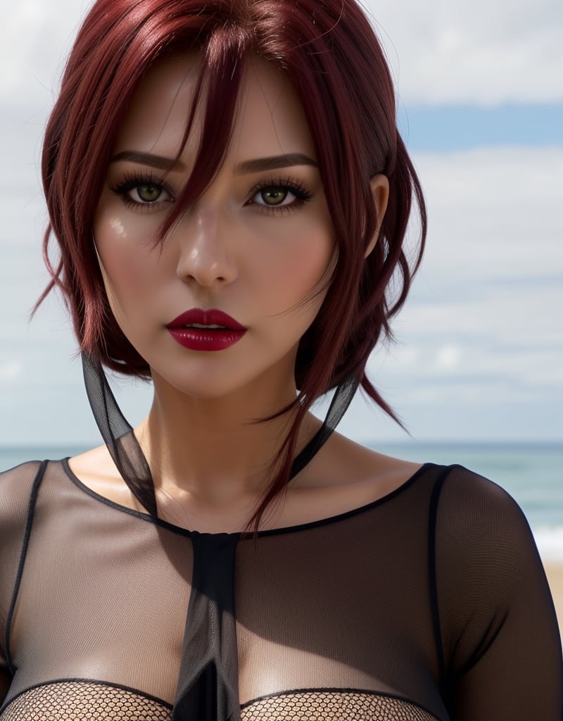 one piece anime, 3girl, (boa hancock girl1), (boa hancock black hair) (nami girl2), (nami red hair) (neko robin girl3), (neko robin black hair) on beach, (boa looking at viewer), (all huge bust), bust shot, full body shot, (realistic face), (detailed eyes), see through clothes, (sheer clothes), (boa nipples hard), (boa lip bit)