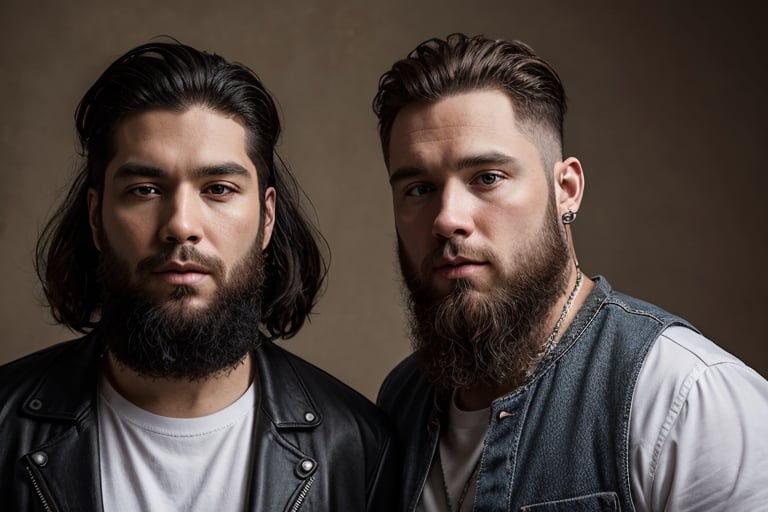 2 men standing posed for music cover/album, beards, rapper style, symetrical face, both white men, long hair