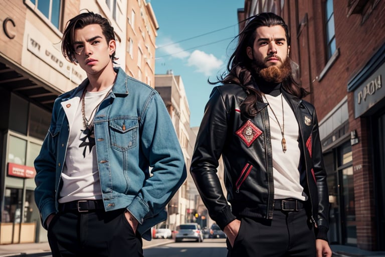 2_men standing posed for music cover/album, beards, rapper style, symetrical face, white_men, long hair, anime_style, manga_book_cover, ripped clothing, (red and black), (blue and black), black_hair_brothers, guns, cityscape