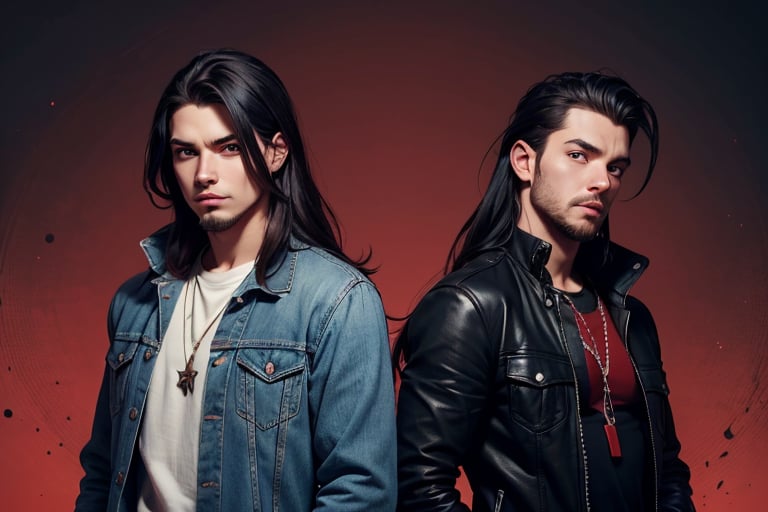 2_men standing posed for music cover/album, beards, rapper style, symetrical face, both white men, long hair, anime_style, manga_book_cover, ripped clothing, (red and black), (blue and black), black_hair_brothers