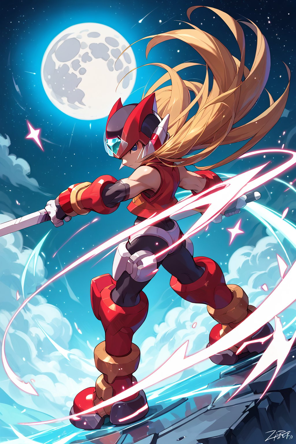 digital_media_(artwork) hi_res, score_9, score_8_up, score_7_up, score_6_up, score_5_up, score_4_up, 1boy,  zero(ver.ke), mega man x \(series\), zero \(mega man\), reploid, beam saber, helmet, blonde hair, mechanical boots, (Accessories Theme:1.4), (hold a sword), (long hair:1.3), (force aura theme:1.3), ((moon, star, moutain)),megaman_zero