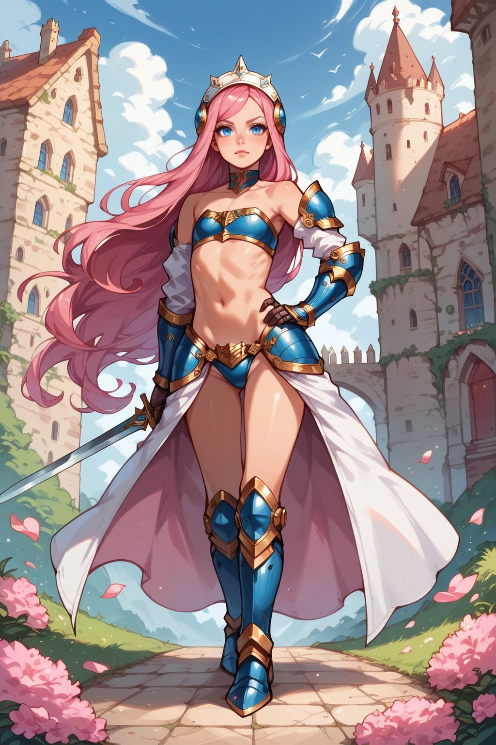  score_9, score_8_up, score_7_up, score_6, score_5, score_4, source_anime, 1girl, armor, bikini armor, blue eyes, choker, flat chest, full body, gauntlets, hand on own hip, headdress, long hair, pink hair, power suit, solo, strapless bottom, sword, very long hair, weapon, medieval castle