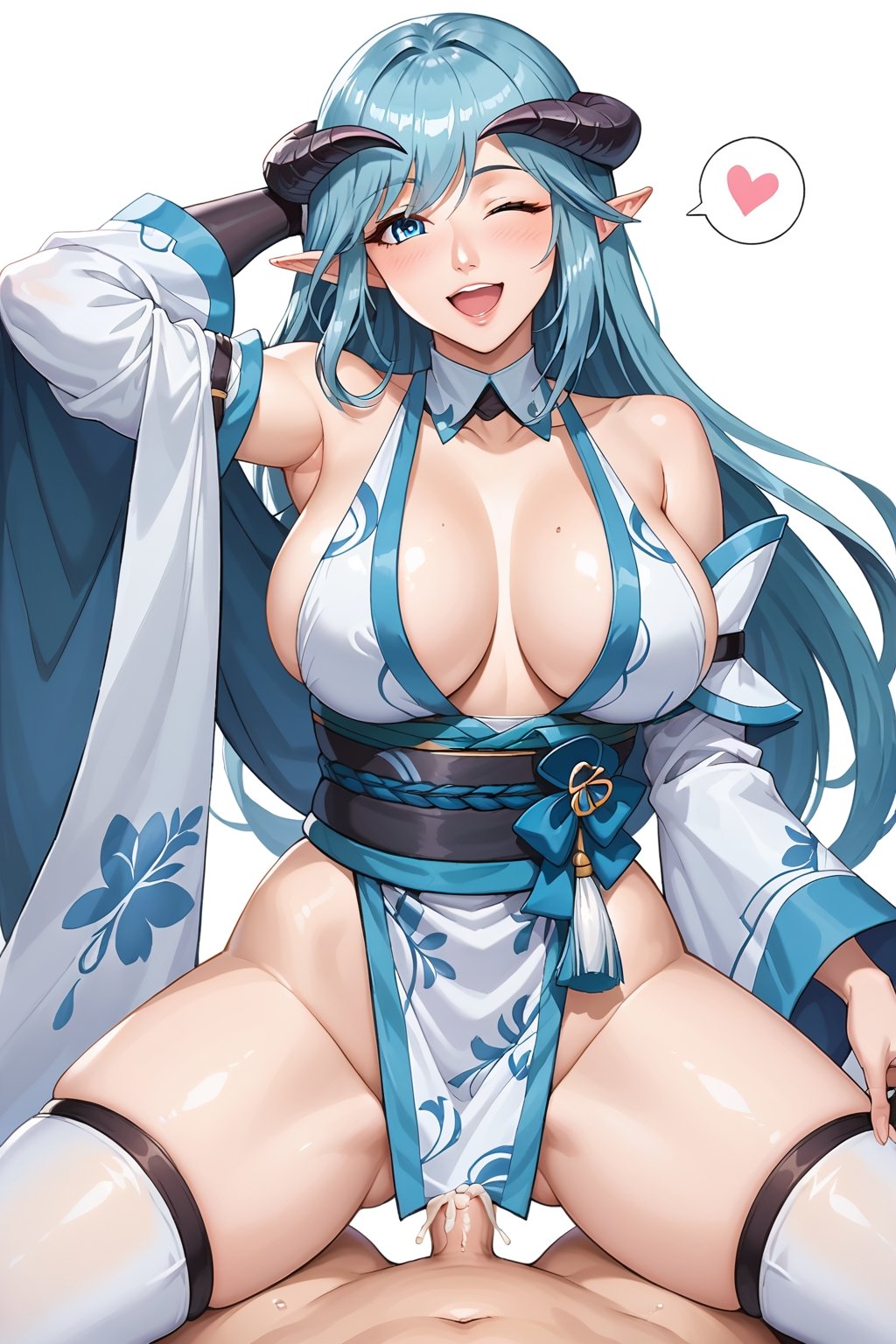 score_9, score_8, score_7, olgak, 1girl,solo,large breasts, covered nipples,  Lapis (Action Taimanin) pointy ears,single braid, aqua hair,happy,smile, open mouth, spoken heart, bare shoulders, large breasts, cleavage, sideboob,black horns,detached collar, japanese clothes, detached sleeves,fingerless gloves,obi,pelvic curtain,white thighhighs, okoboe, happy,wink,one eye closed, sex, cumming, pov(human, small penis),  cum in pussy, naked, nude,tlps